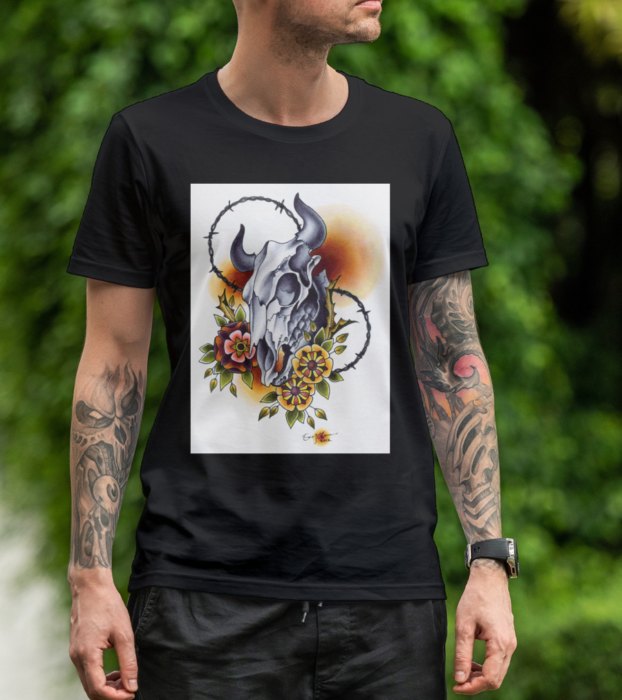 Cow Skull Floral Barbed Wire Art By Ern Mancini T-Shirt