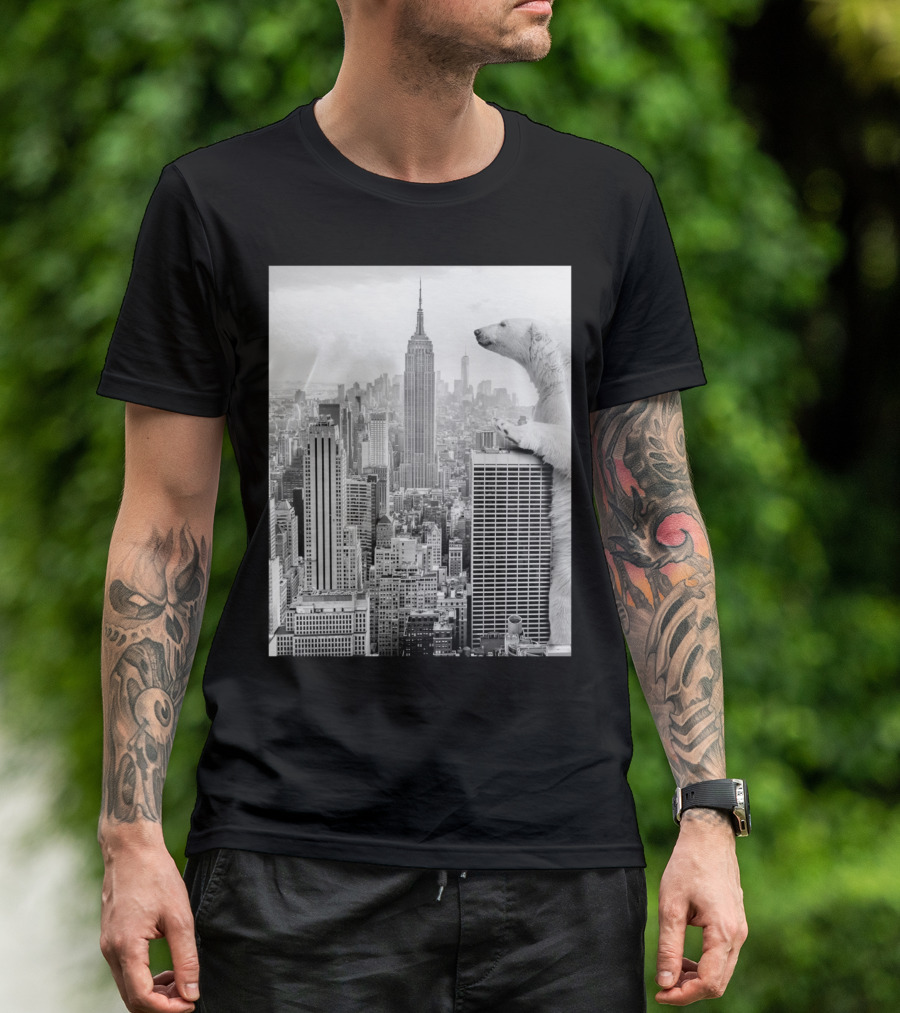 Polar Bear Overlooking Empire State Amidst New York Skyline T-Shirt