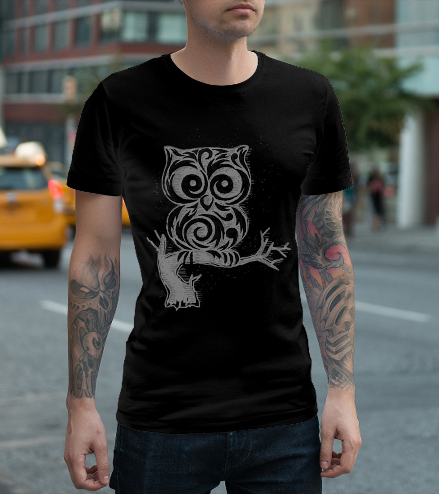 Little Owl Tribal Pattern On Branch T-Shirt