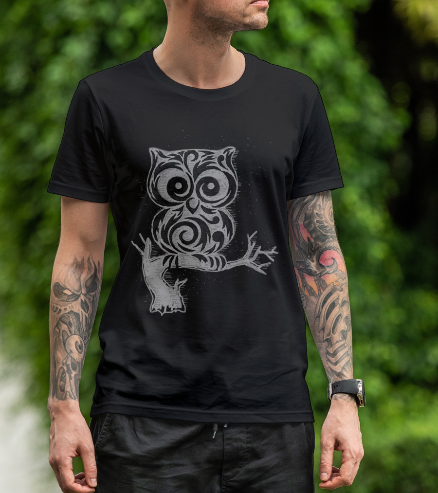 Little Owl Tribal Pattern On Branch T-Shirt