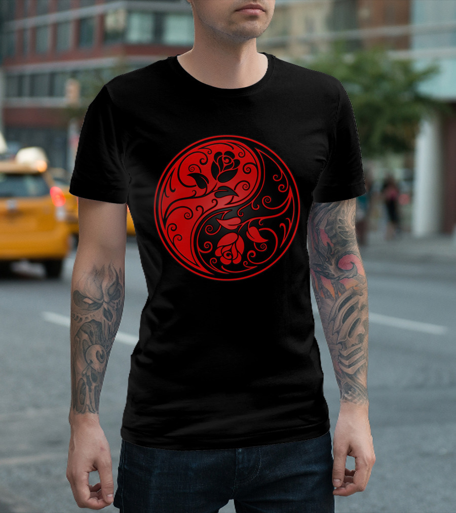 Red and Black Yin Yang Rose Circle T-Shirt