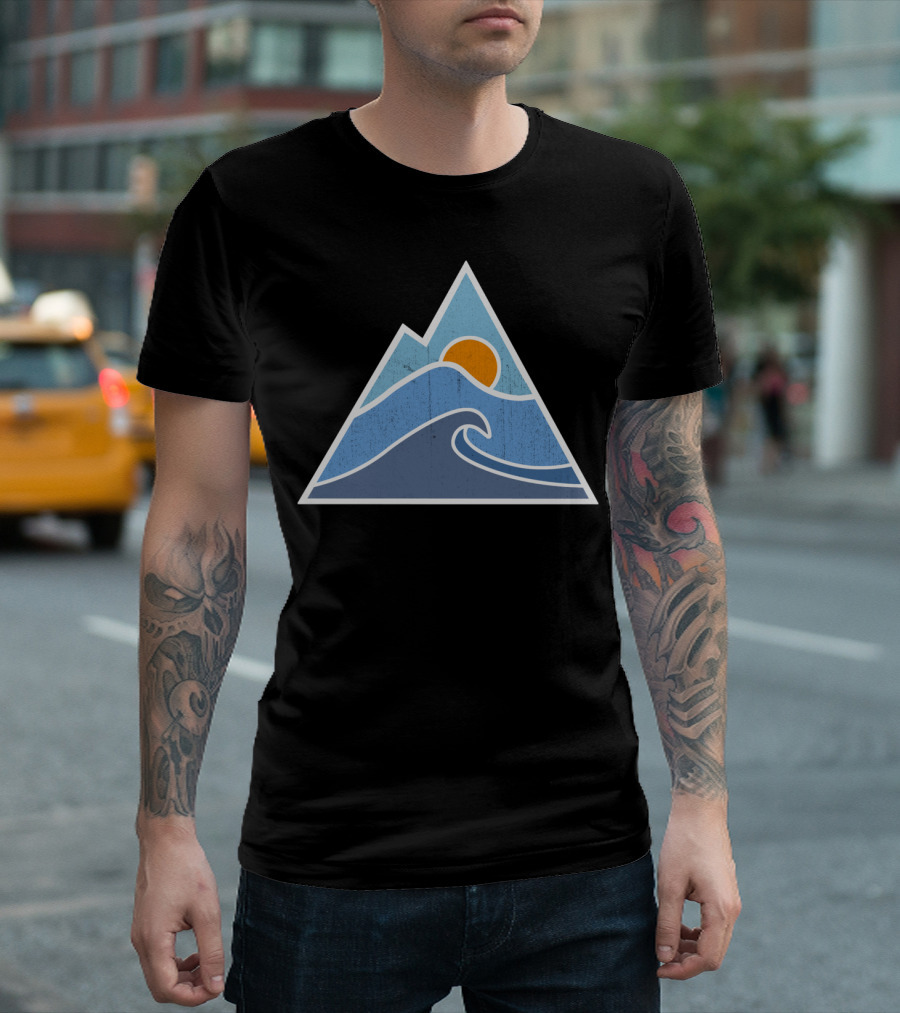 Orange Sun Over Blue Waves Within Mountain Triangle T-Shirt