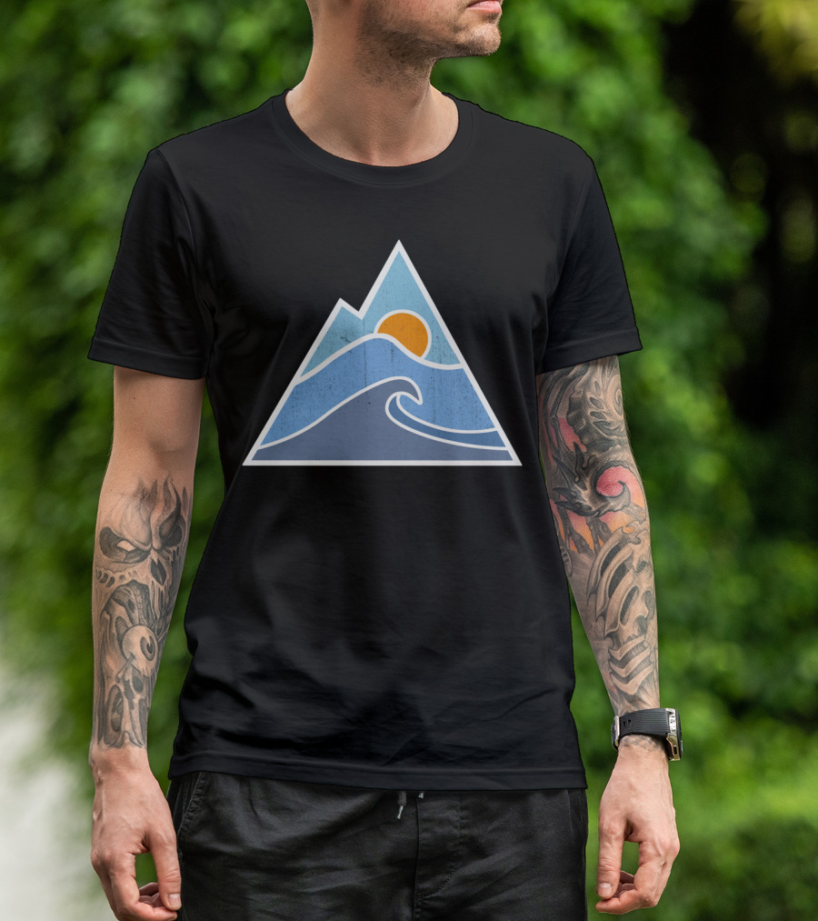 Orange Sun Over Blue Waves Within Mountain Triangle T-Shirt