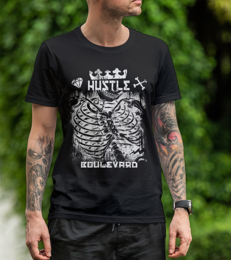 Hustle Boulevard Skeleton Crown Diamond Crossbones T-Shirt
