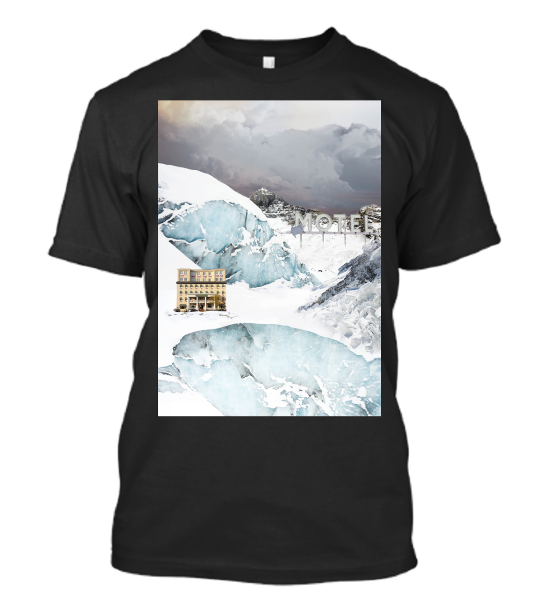 Motel Sign With Snowy Mountain Landscape And Building T-Shirt