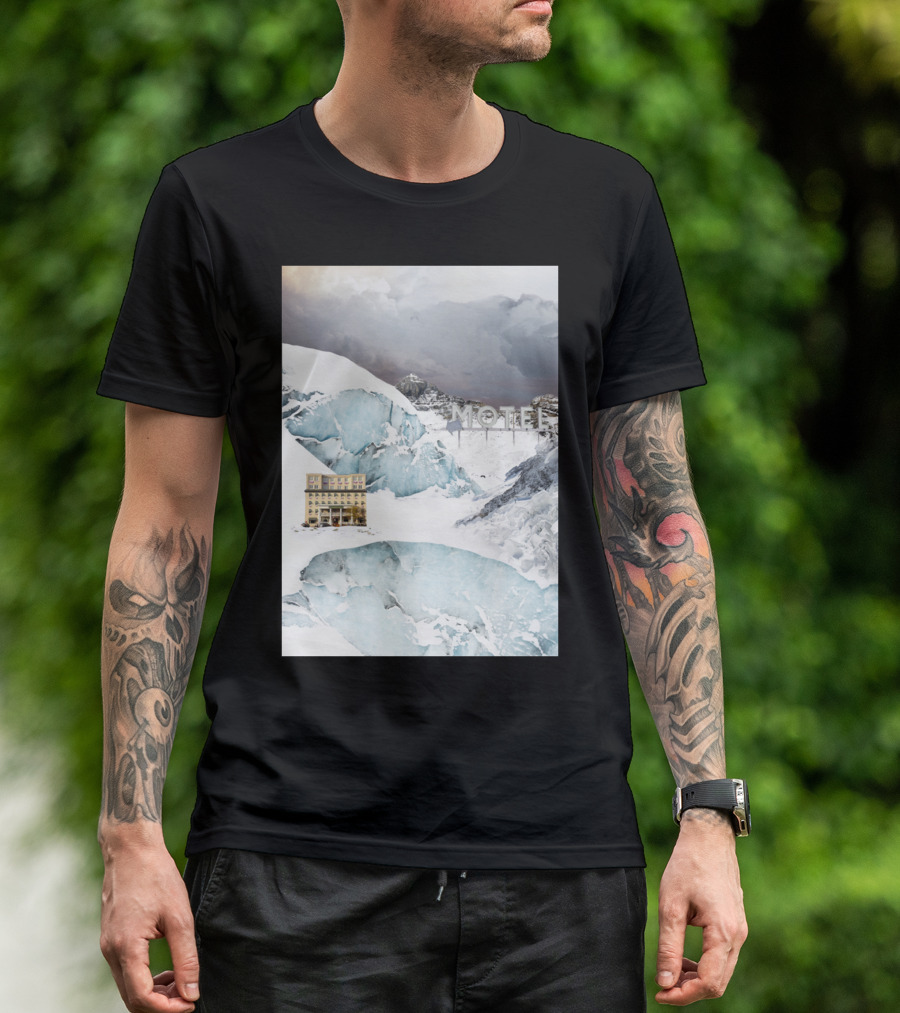 Motel Sign With Snowy Mountain Landscape And Building T-Shirt