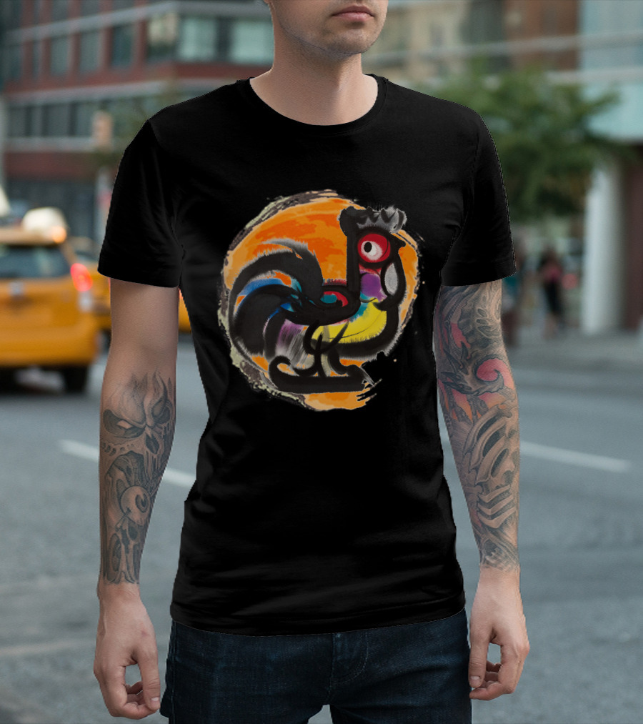 Little Rooster Vibrant Watercolor Style with Orange Background T-Shirt