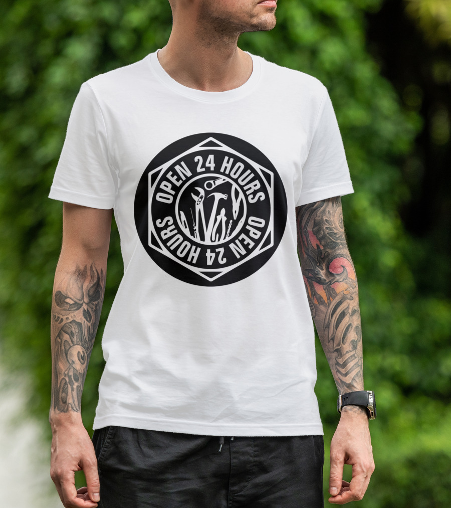 Open 24 Hours Mechanic Tools Circle T-Shirt