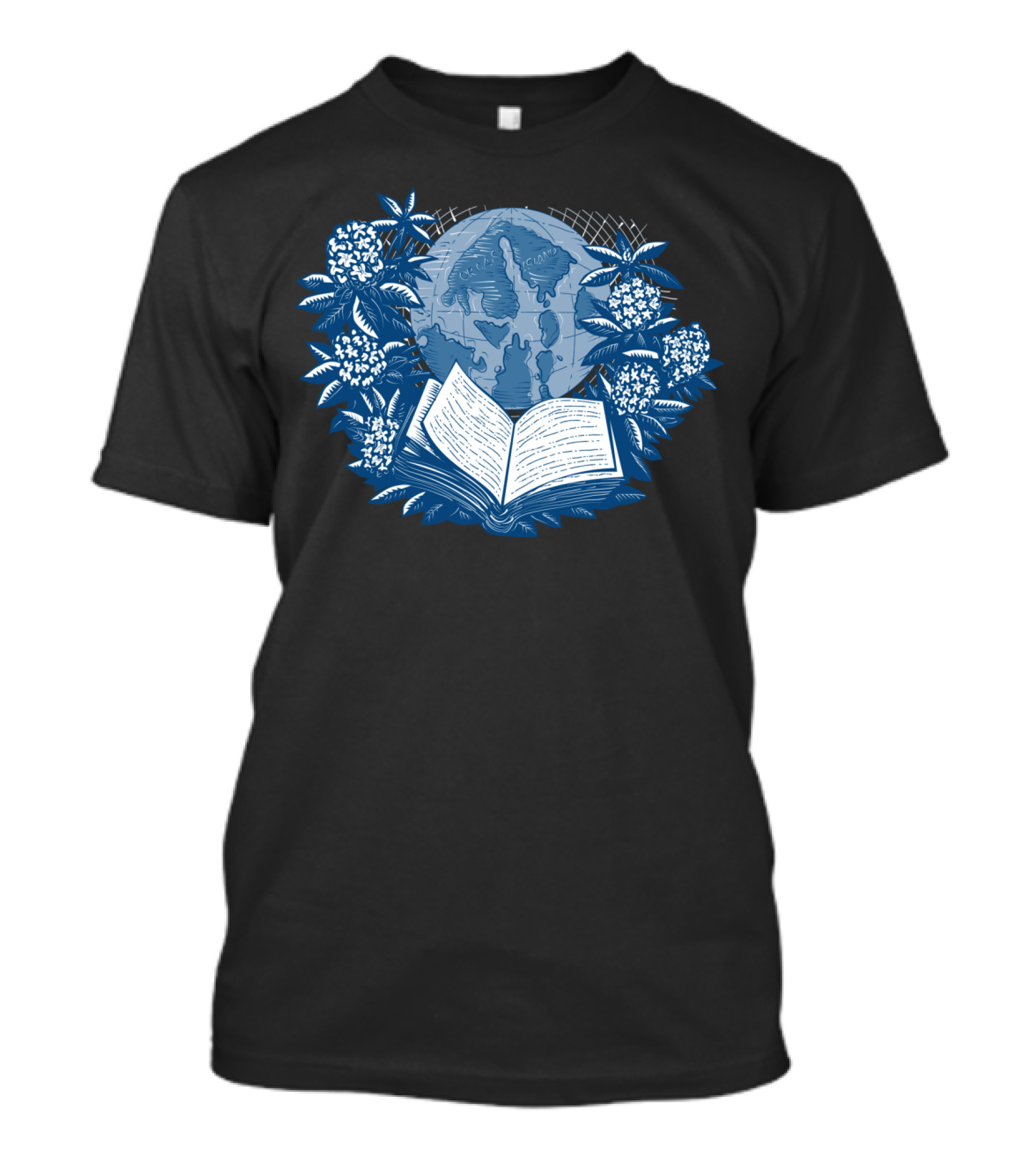 Orcas Island Map Book Rhododendron Drawing With Globe And Open Book T-Shirt