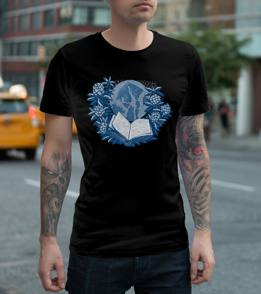 Orcas Island Map Book Rhododendron Drawing With Globe And Open Book T-Shirt