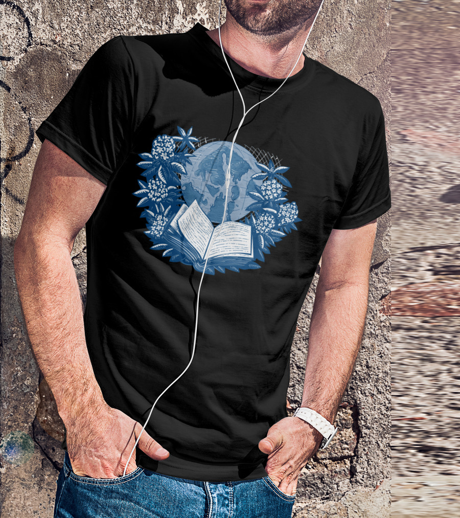 Orcas Island Map Book Rhododendron Drawing With Globe And Open Book T-Shirt