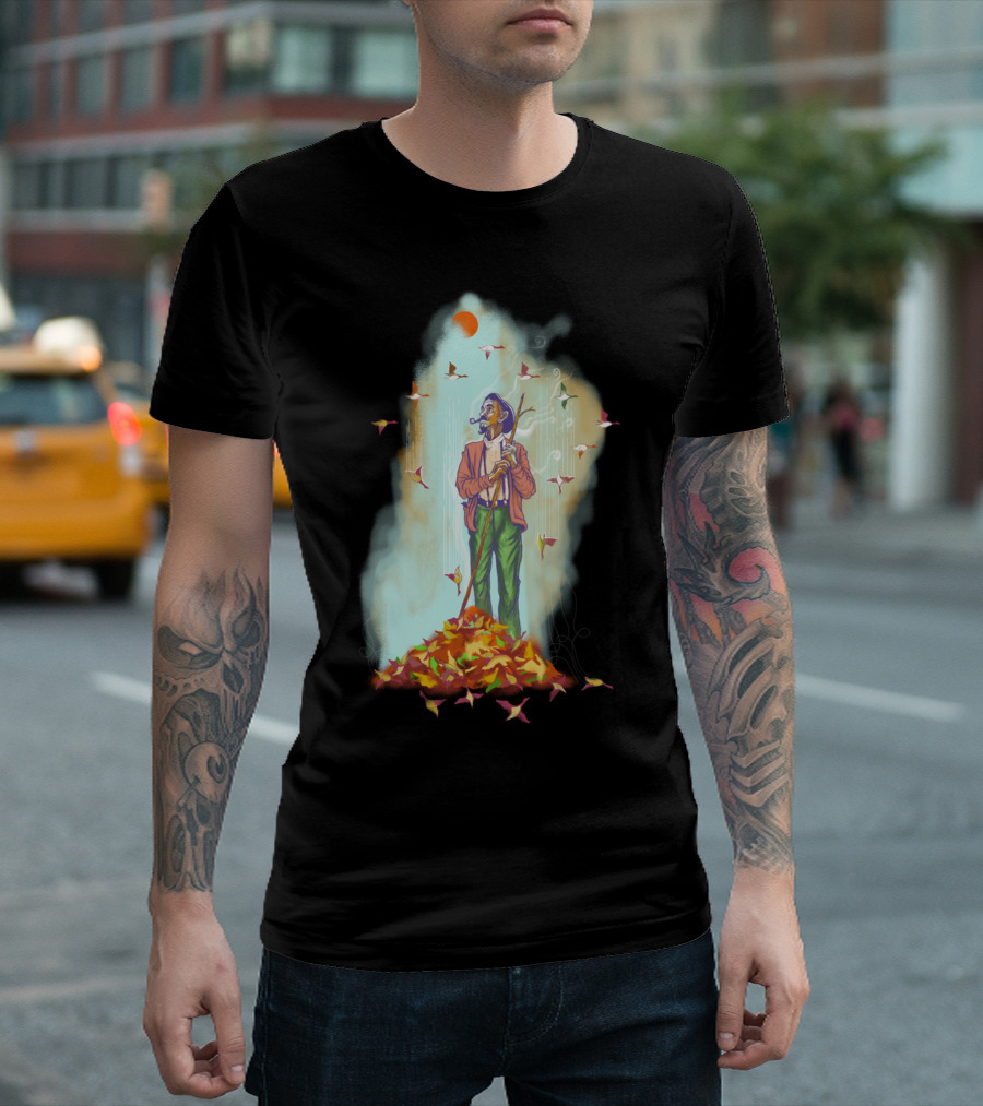 Season Of Fall Imaginative Man With Leaf Pile And Flying Birds T-Shirt