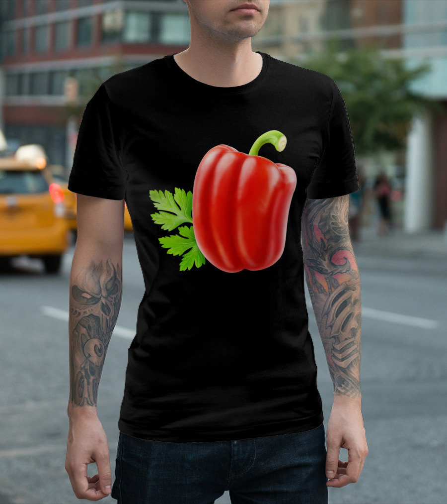 Red Bell Pepper With Green Stem And Leaves T-Shirt