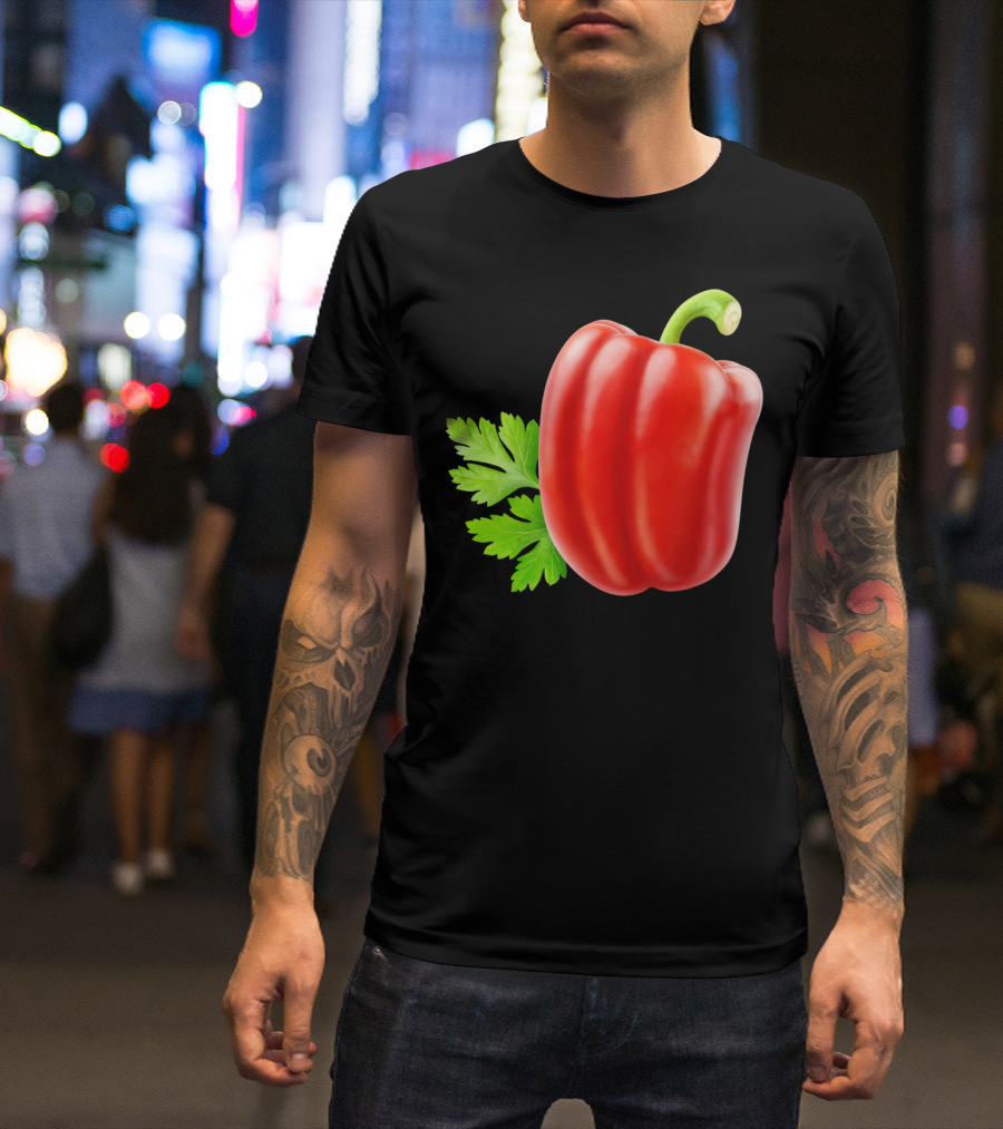 Red Bell Pepper With Green Stem And Leaves T-Shirt