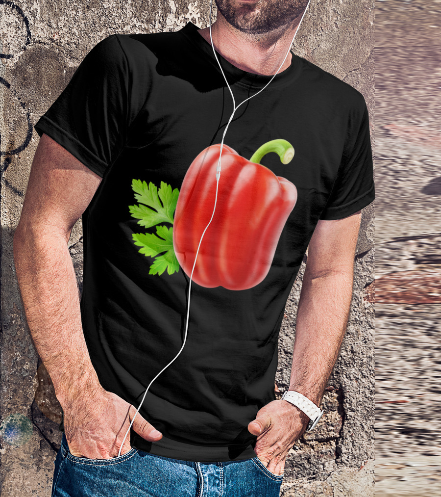 Red Bell Pepper With Green Stem And Leaves T-Shirt