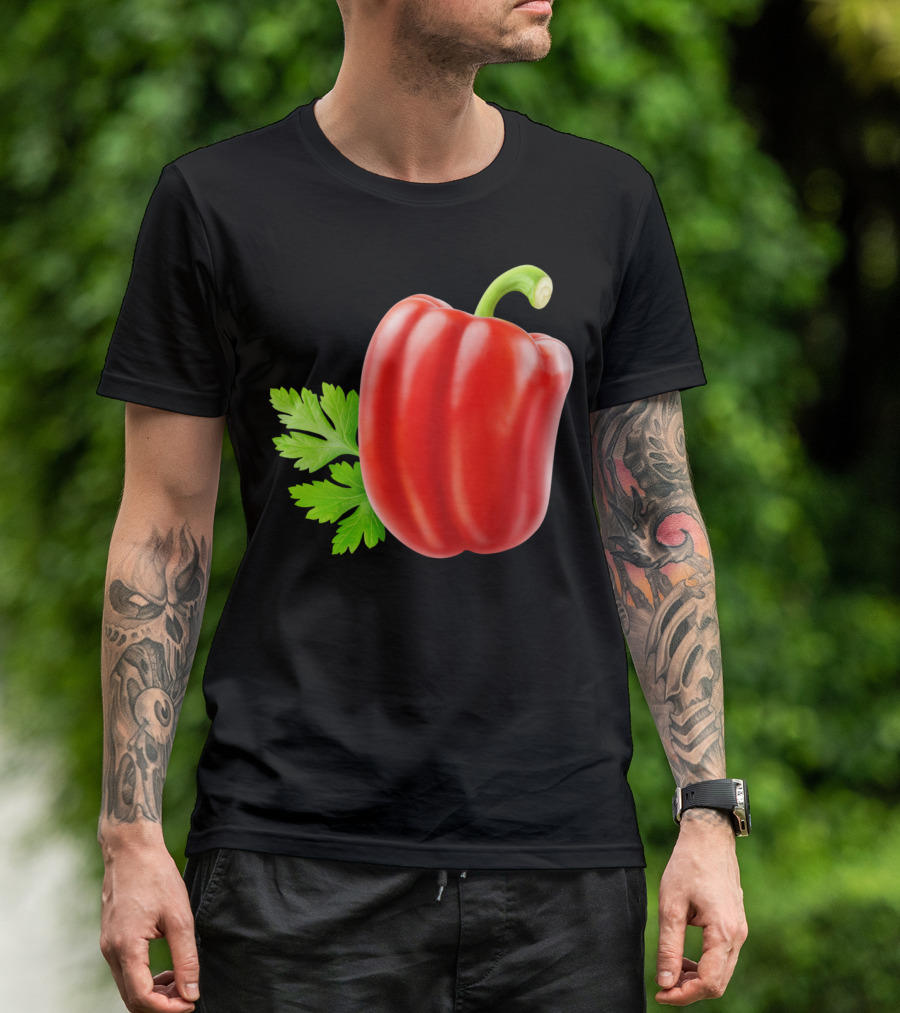 Red Bell Pepper With Green Stem And Leaves T-Shirt