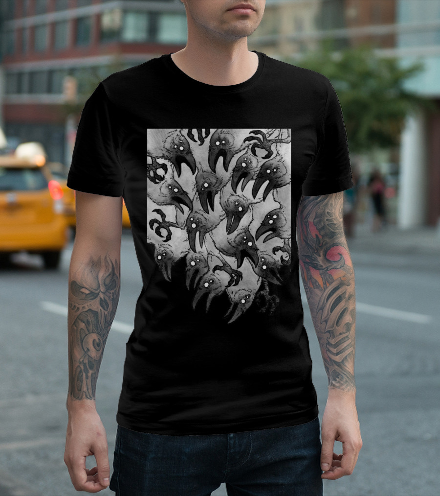 Crows Manga Style Horror Illustration Unique Dark Birds T-Shirt