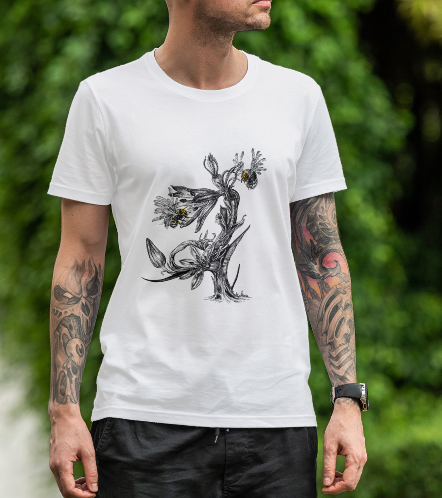 Pollinators Dark Floral With Yellow Highlighted Insects T-Shirt