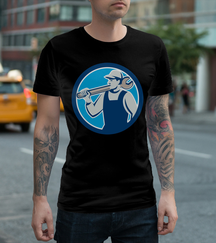 Mechanic Worker Carrying Spanner Tool Emblem T-Shirt