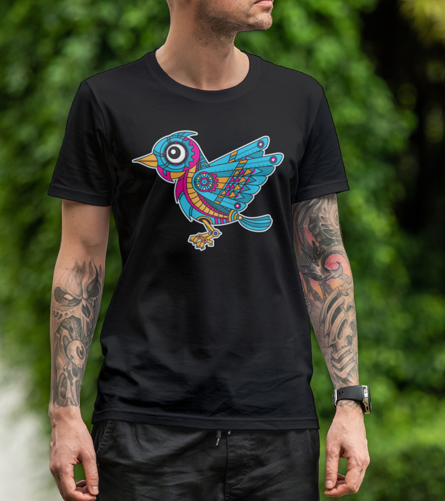 Mechanical Bird Colorful Geometric Design With Gears T-Shirt