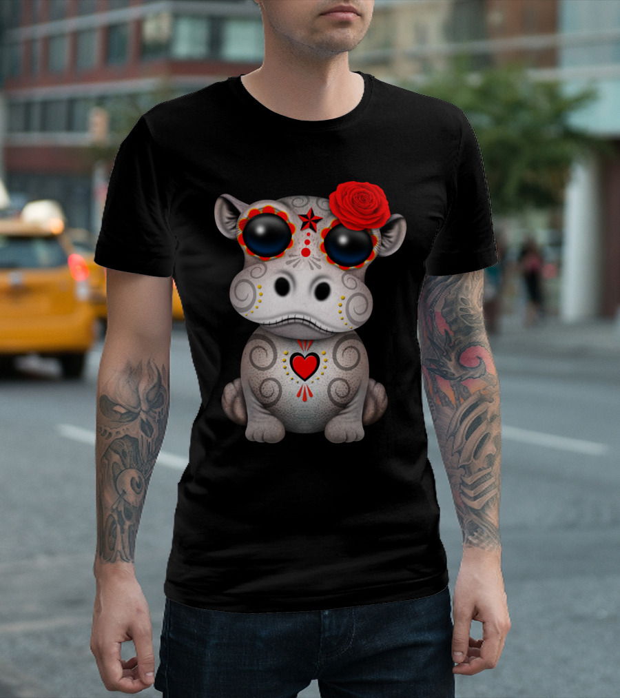 Red Day Of The Dead Sugar Skull Baby Hippo T-Shirt