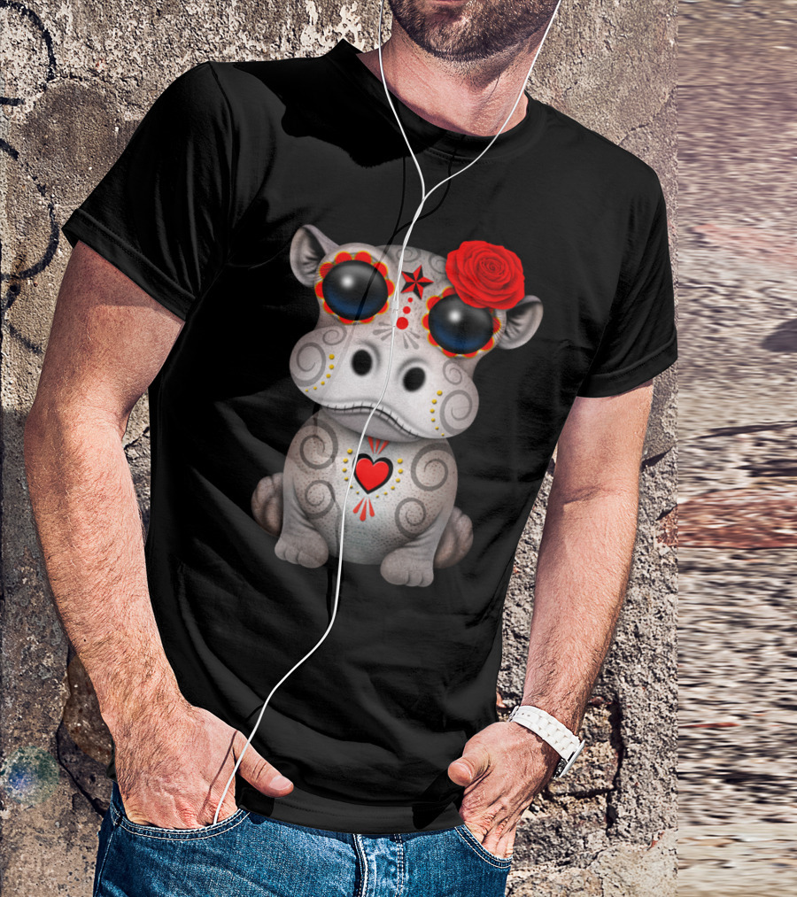 Red Day Of The Dead Sugar Skull Baby Hippo T-Shirt