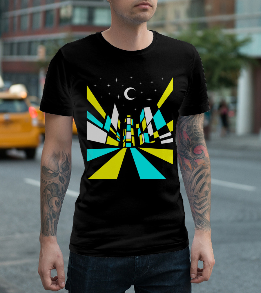 NEW YORK NIGHT CITYSCAPE MOON AND STARS GEOMETRIC SKYLINE T-Shirt