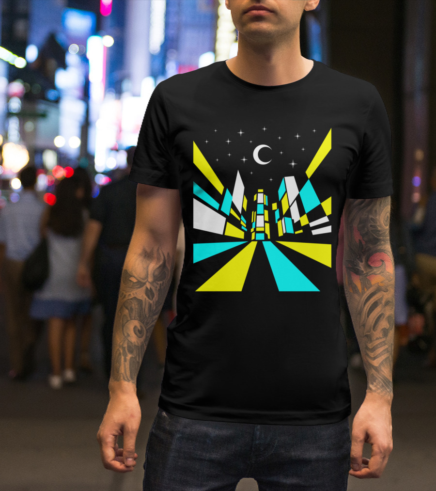 NEW YORK NIGHT CITYSCAPE MOON AND STARS GEOMETRIC SKYLINE T-Shirt