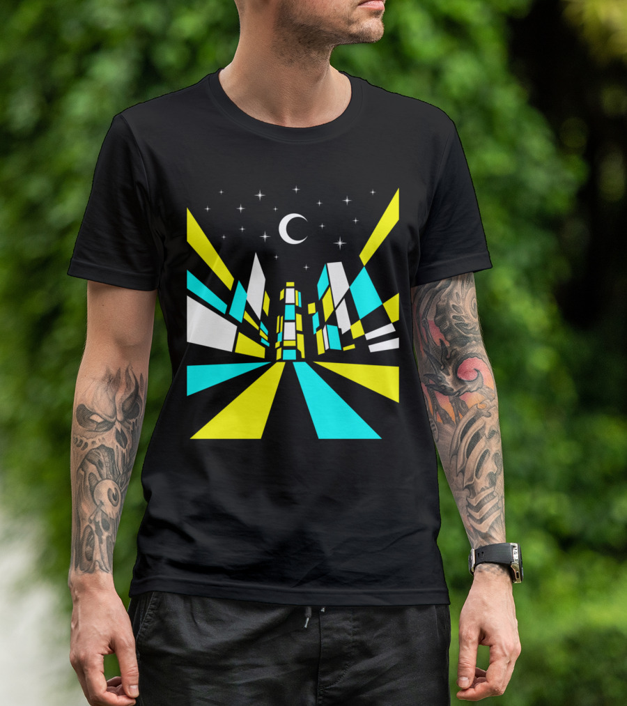 NEW YORK NIGHT CITYSCAPE MOON AND STARS GEOMETRIC SKYLINE T-Shirt