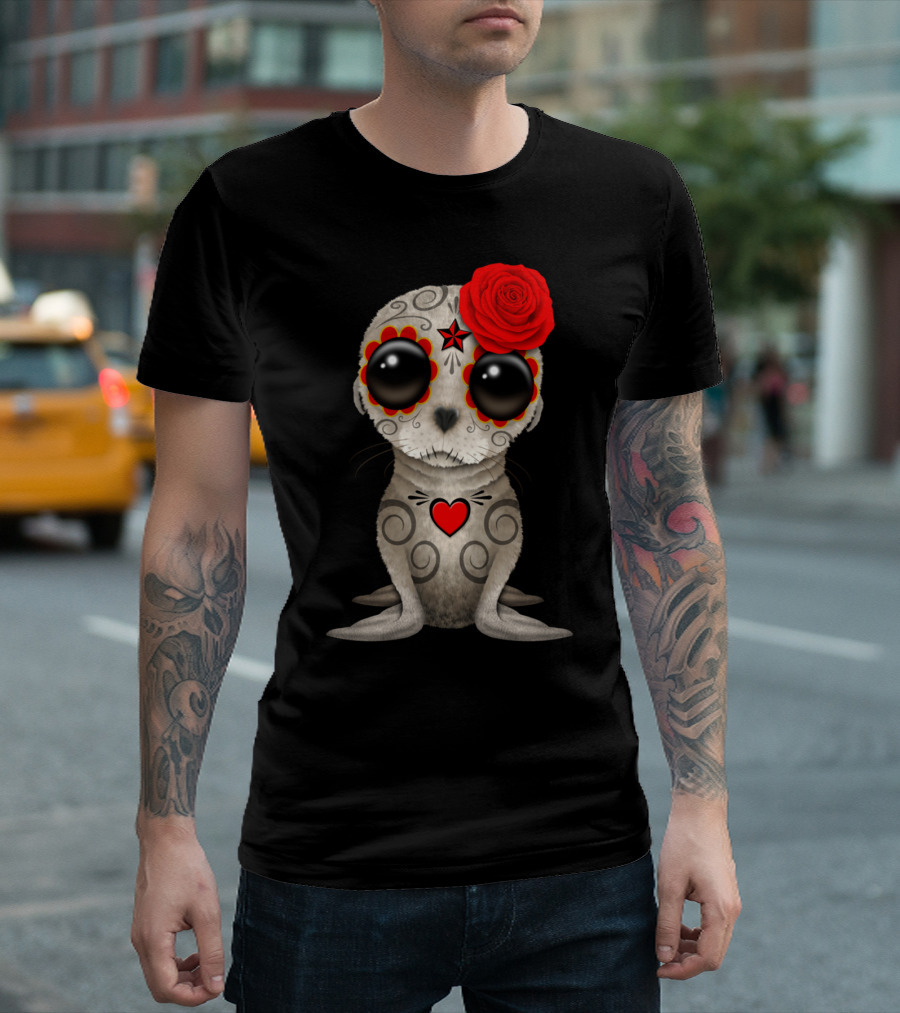 Day of the Dead Red Rose Baby Sea Lion T-Shirt
