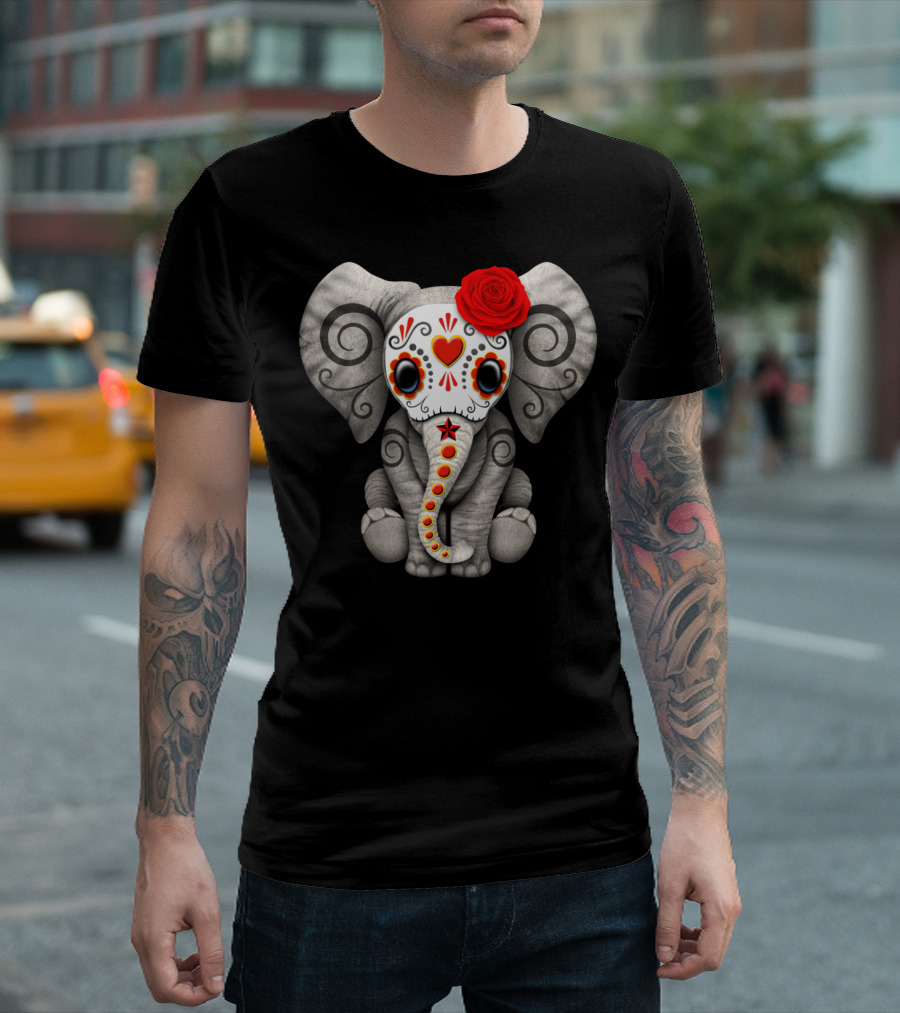 Red Day Of The Dead Sugar Skull Baby Elephant with Rose T-Shirt