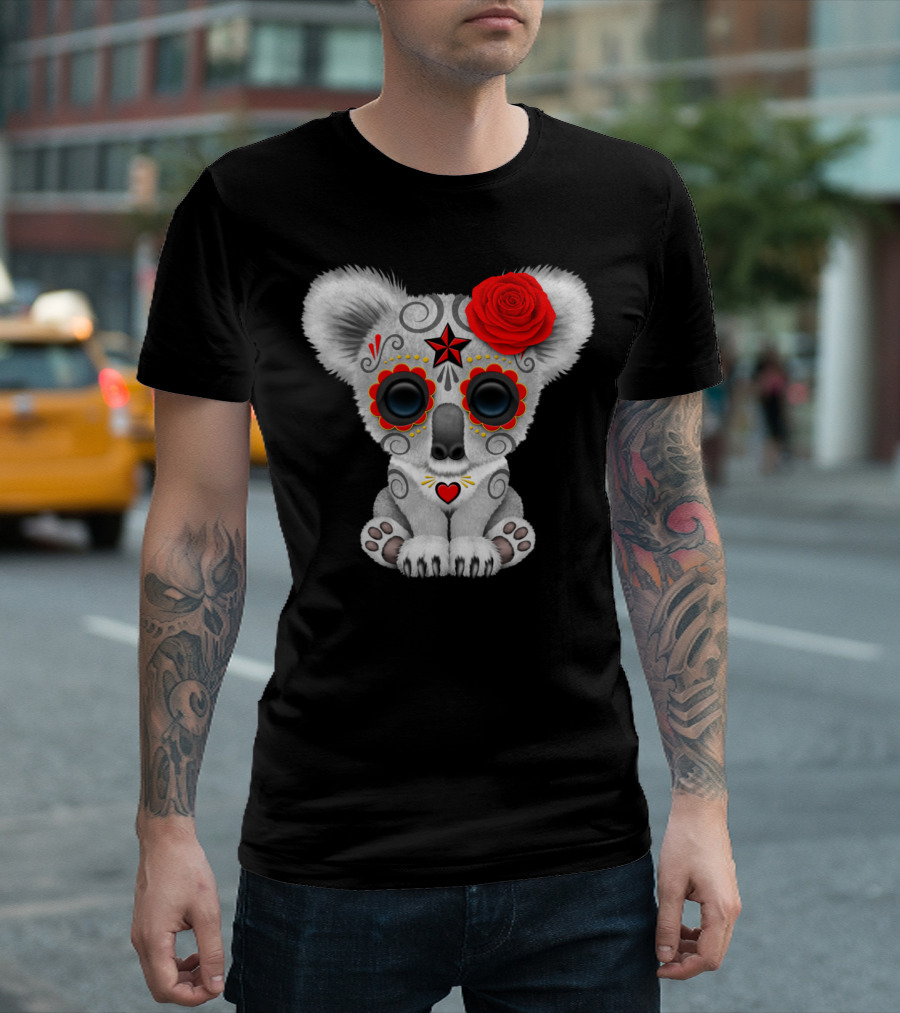 Day of the Dead Sugar Skull Koala with Red Rose and Heart T-Shirt