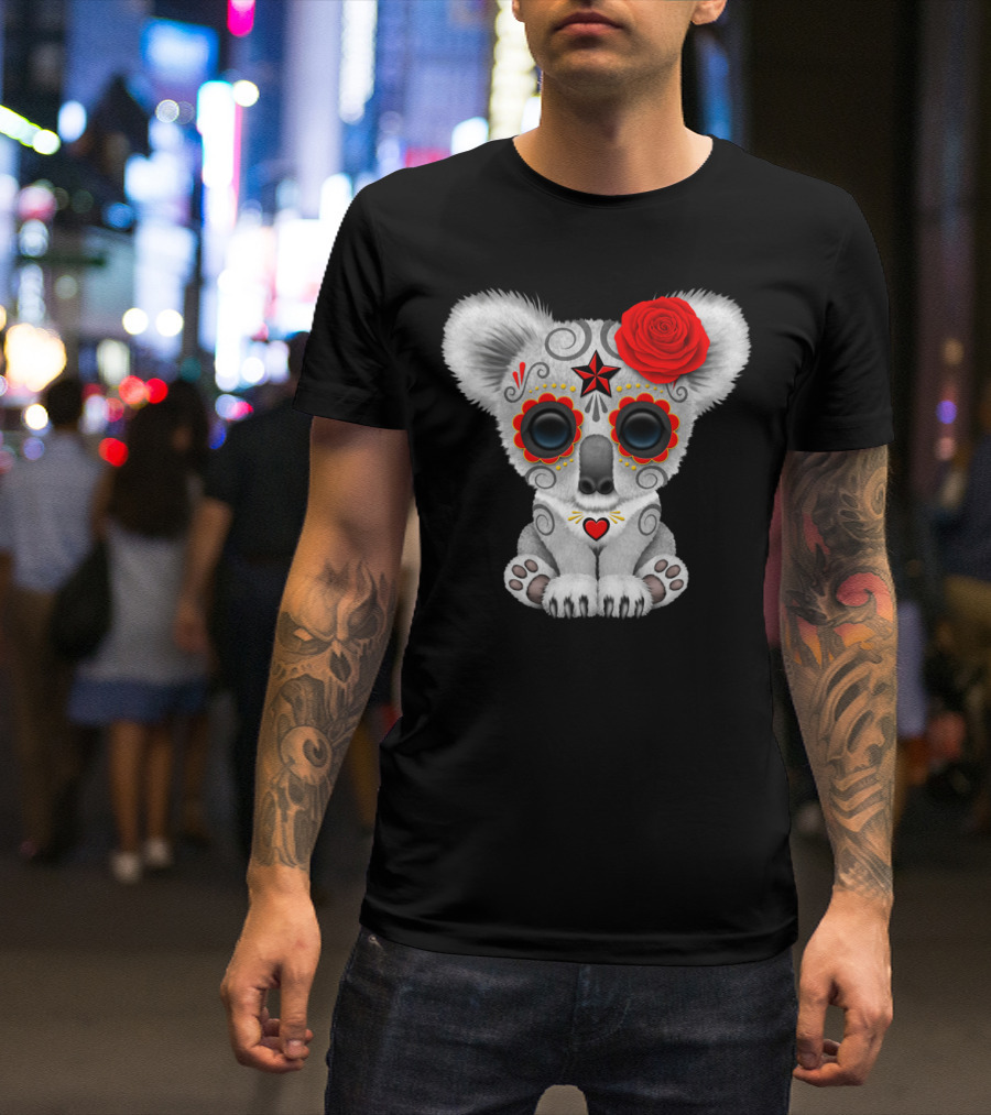 Day Of The Dead Sugar Skull Koala With Red Rose And Heart T-Shirt