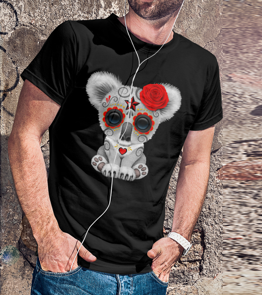 Day Of The Dead Sugar Skull Koala With Red Rose And Heart T-Shirt