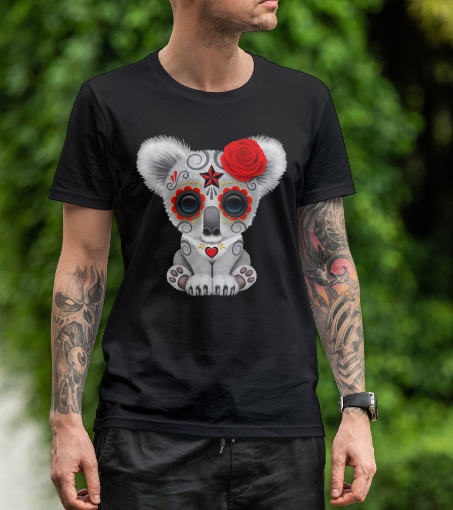 Day Of The Dead Sugar Skull Koala With Red Rose And Heart T-Shirt