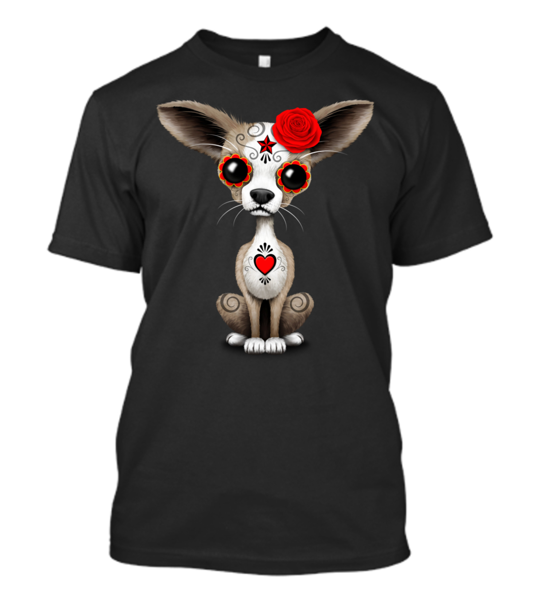 Red Day Of The Dead Sugar Skull Chihuahua Pup With Rose And Heart Motifs T-Shirt