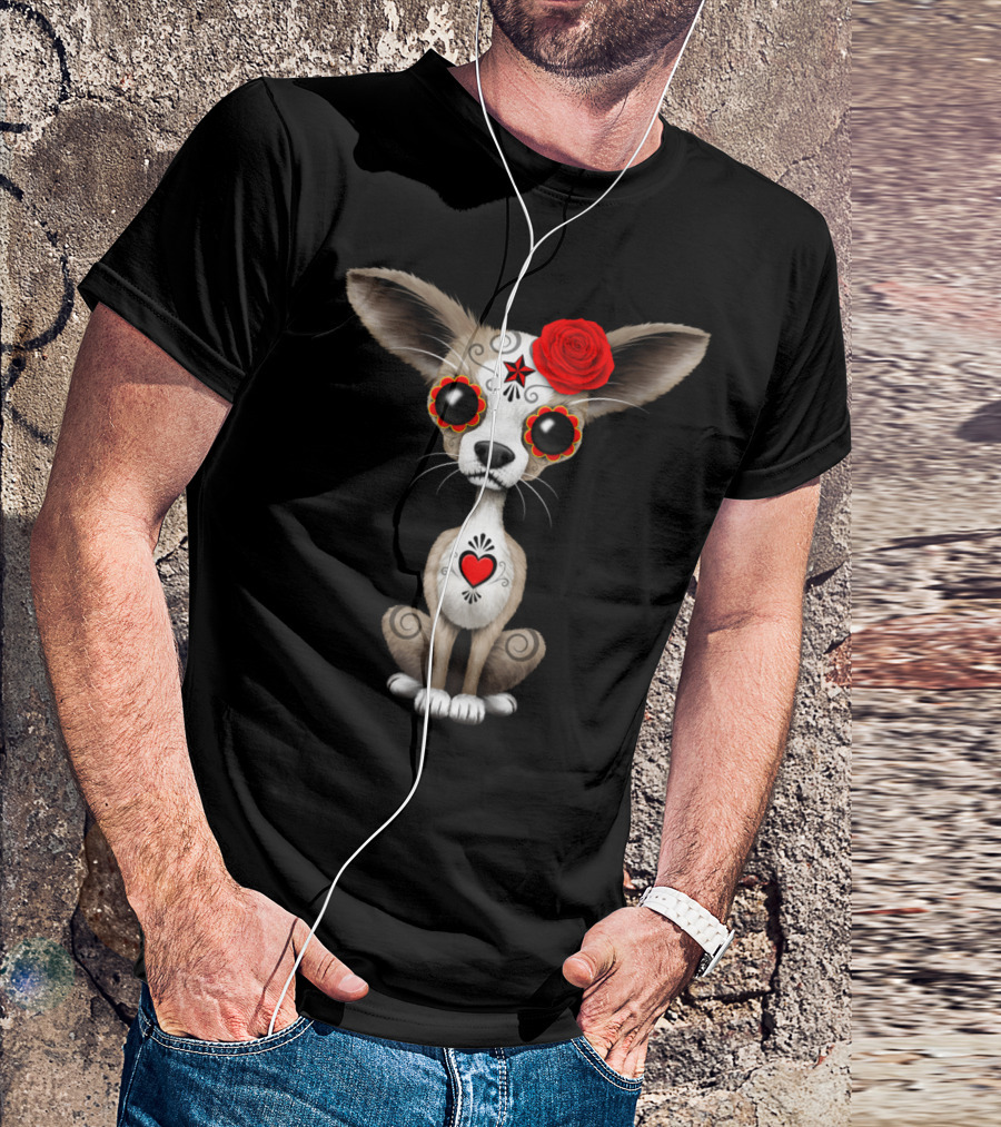 Red Day Of The Dead Sugar Skull Chihuahua Pup With Rose And Heart Motifs T-Shirt