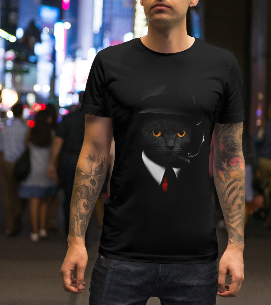 Secret Agent Cat In Hat And Tie Smoking Cigarette T-Shirt