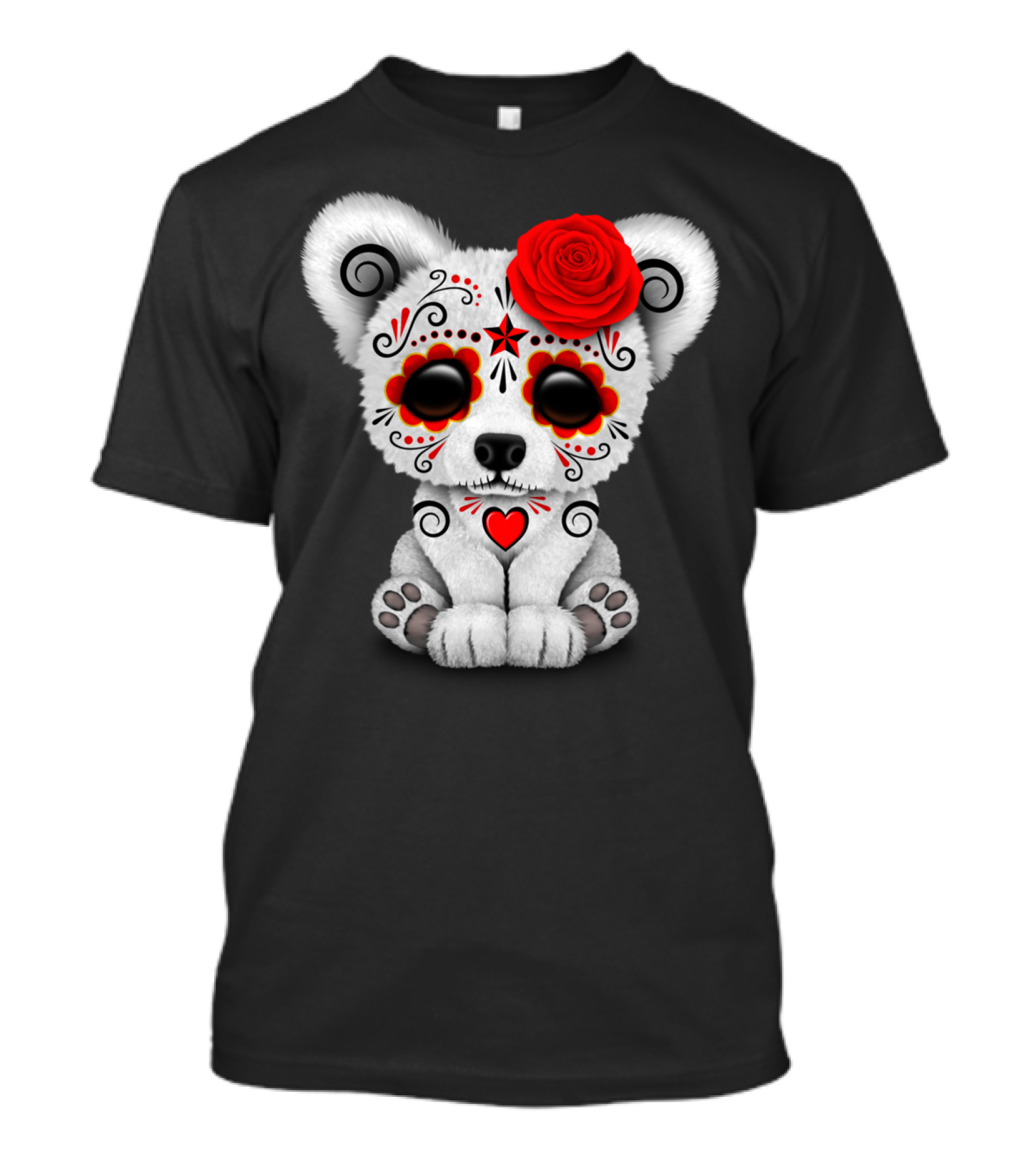 Red Day Of The Dead Sugar Skull Polar Bear With Rose And Heart T-Shirt