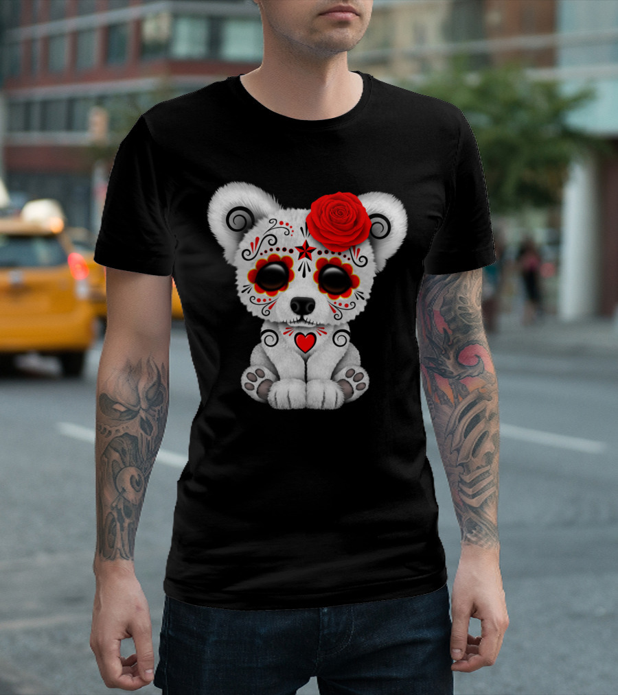 Red Day Of The Dead Sugar Skull Polar Bear With Rose And Heart T-Shirt