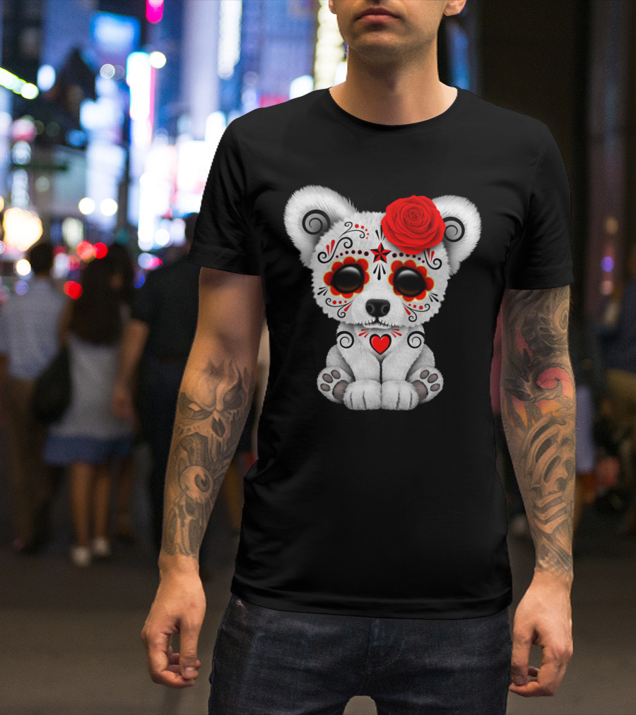 Red Day Of The Dead Sugar Skull Polar Bear With Rose And Heart T-Shirt