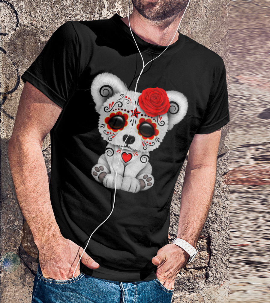 Red Day Of The Dead Sugar Skull Polar Bear With Rose And Heart T-Shirt