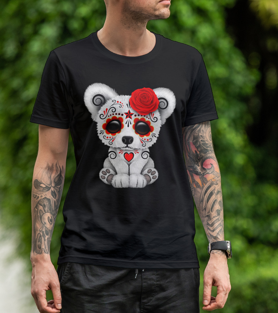 Red Day Of The Dead Sugar Skull Polar Bear With Rose And Heart T-Shirt