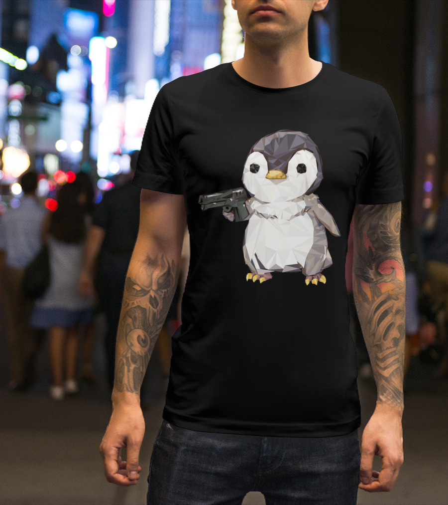 Cubic Penguin Power Gun Gaming Meme T-Shirt