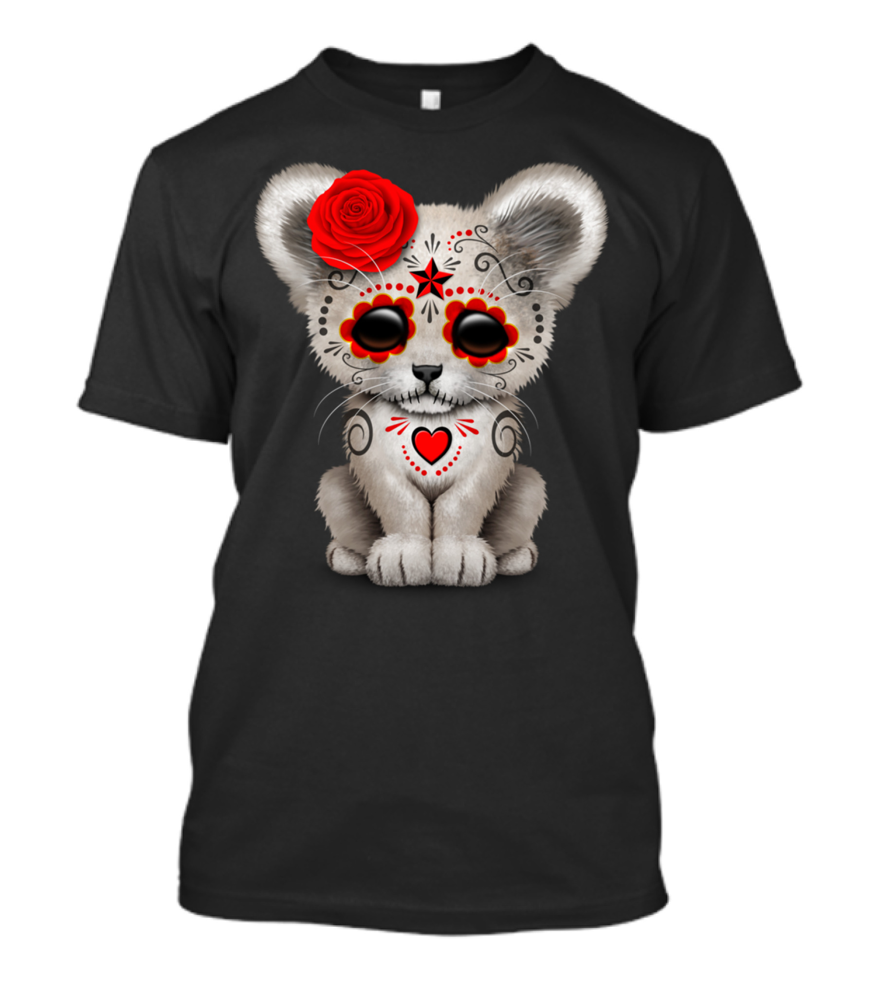 Red Day Of The Dead Sugar Skull Lion Cub With Rose T-Shirt