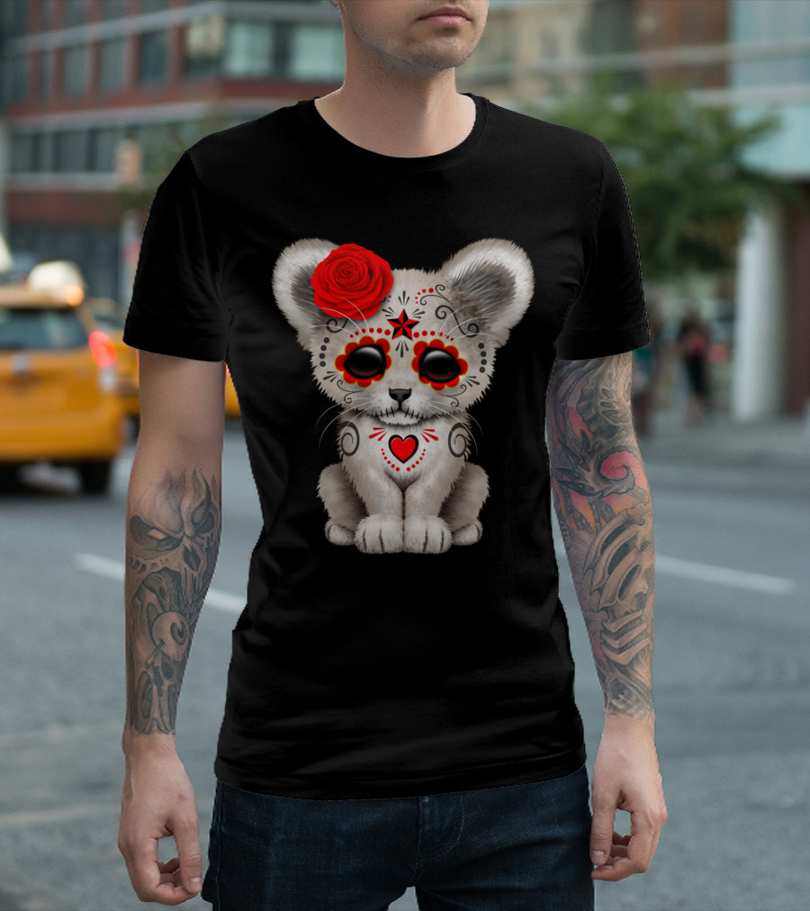 Red Day Of The Dead Sugar Skull Lion Cub With Rose T-Shirt