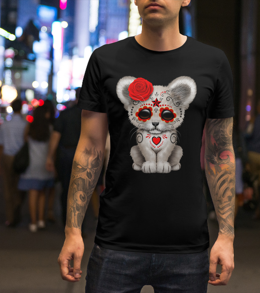 Red Day Of The Dead Sugar Skull Lion Cub With Rose T-Shirt