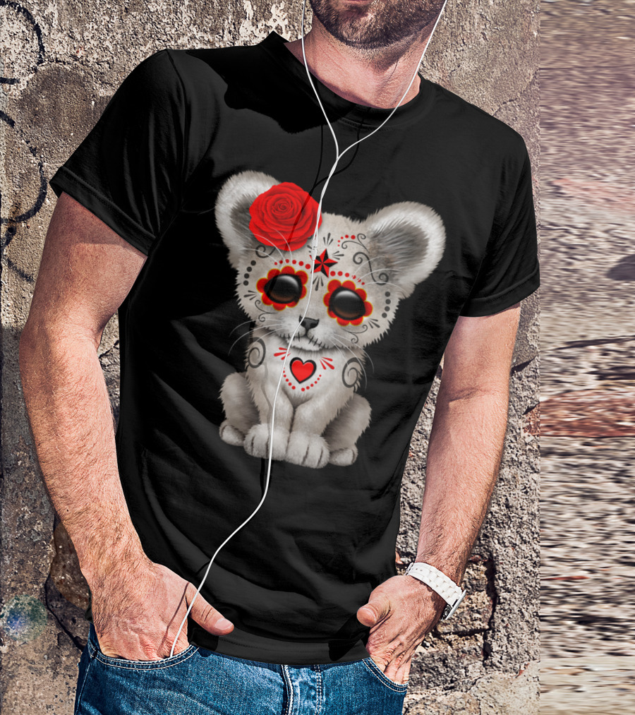 Red Day Of The Dead Sugar Skull Lion Cub With Rose T-Shirt