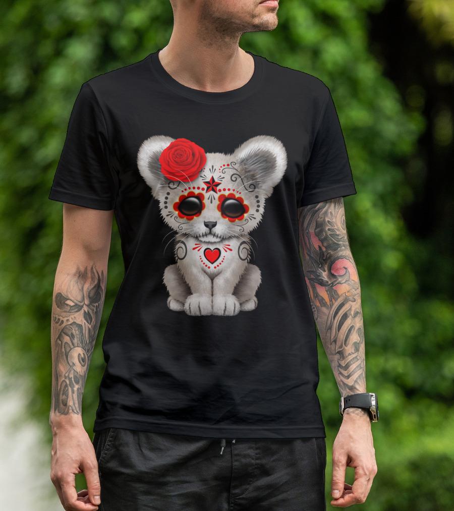 Red Day Of The Dead Sugar Skull Lion Cub With Rose T-Shirt