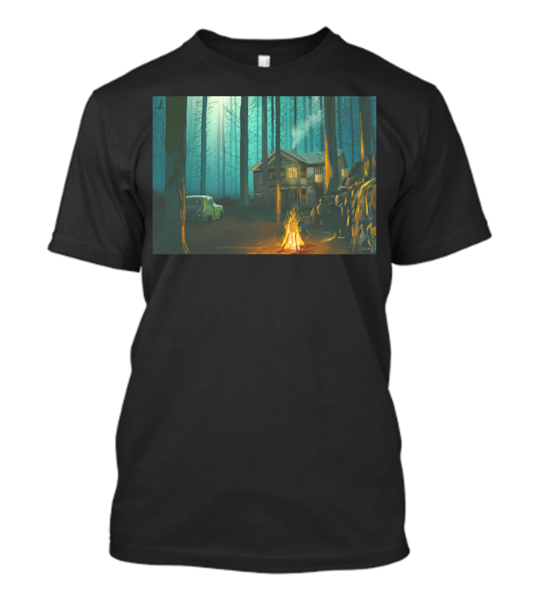 Fire By The Cabin In The Misty Forest T-Shirt